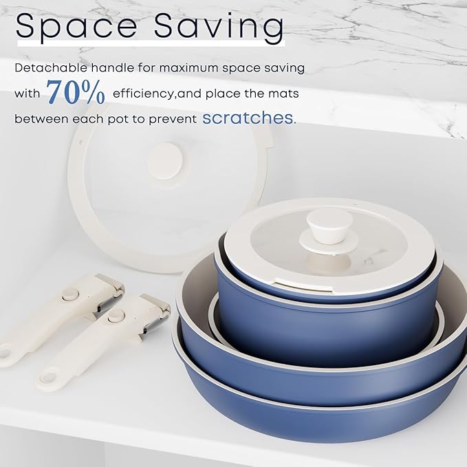Caannasweis Detachable Nonstick Cookware Set - Stackable Induction Pots and Pans With Removable Handles, Dishwasher Safe - For RV Camping, Oven and Stovetop Use, 5 Pieces (Blue)
