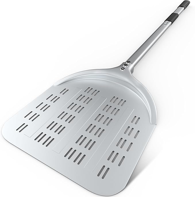 Pizza Peel – 12'' Extra Long Aluminum Perforated Launch Placement Retrieving Peel – Metal Hanging Hook – Lightweight Turning Peel – Non-stick Pizza Paddle – Outdoor Pizza Oven Accessories