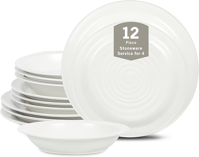 Stone Lain Orbit 12-Piece Dinnerware Set Stoneware, Plates and Bowls Set, Pasta Bowls, Microwave and Dishwasher Safe, Dish Set for 4, White