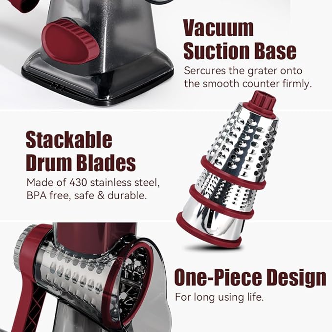 KEOUKE Rotary Cheese Grater Hand Crank Transparent - Shredder Slicer Grinder 3 Stainless Steel Blades, Stable Suction, Labor-Saving Handle, Safe Kitchen Tool for Cheese, Vegetable, Nuts, Chocolate