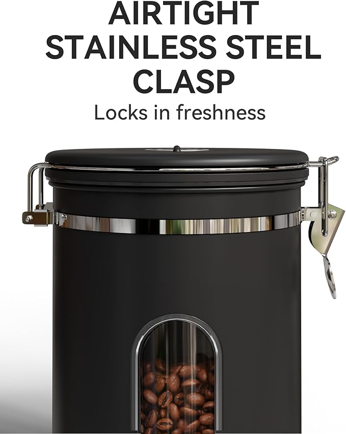 Veken Large Coffee Canister with Window, Rice Kitchen Food Storage Airtight Stainless Steel Container with Lids, Date Tracker and Scoop, Grounds, Beans, Tea, Flour, Cereal, Sugar Jars, 38oz, Black