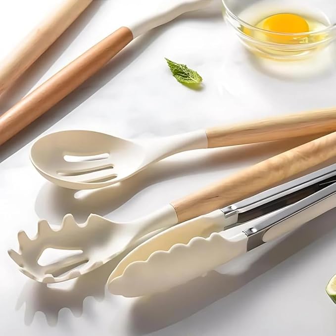 GOURMETIFIC® Silicone Cooking Utensils Set [12-PIECE] - Non Toxic & Food Grade Kitchen Utensil Set - High End Wood Handle - Heat Resistant Gadgets for Safe Meal Preparation, Baking & Frying (BEIGE)