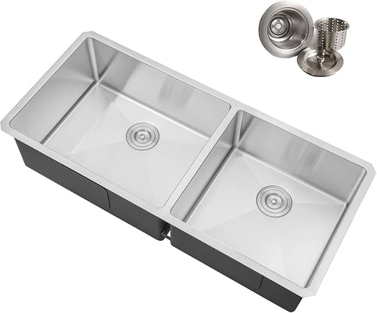42 in. x 19 in. x 10 in. 16-Gauge Stainless Steel Undermount 60/40 Offset Double Bowl Kitchen Sink with Strainers