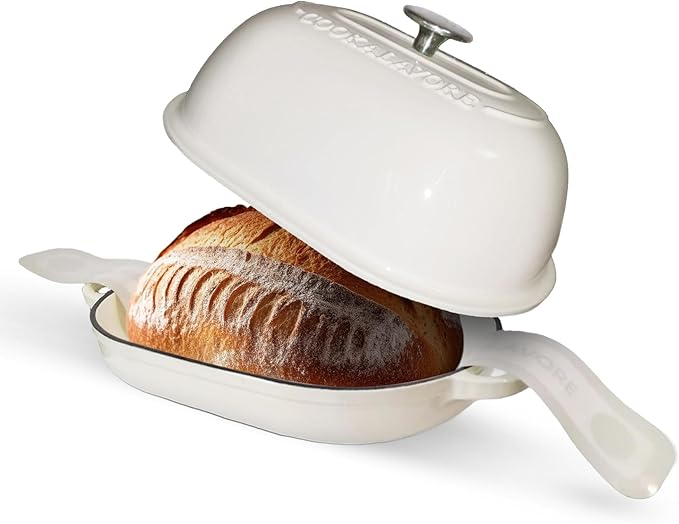 Cast Iron Bread Oven,6 QT Bread Oven,Thick Enameled Loaf Pan with Lid,Bread Pans for Homemade Bread,14.5"Dutch Oven for Bread Baking,Dutch Oven-with Silicone Baking Mat&Recipe,Gifts for Family,White