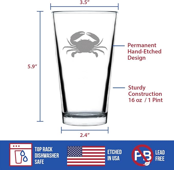 Crab Pint Glass for Beer - Beach Themed Decor and Gifts for Ocean Lovers - Engraved Silhouette - 16 Oz Glasses