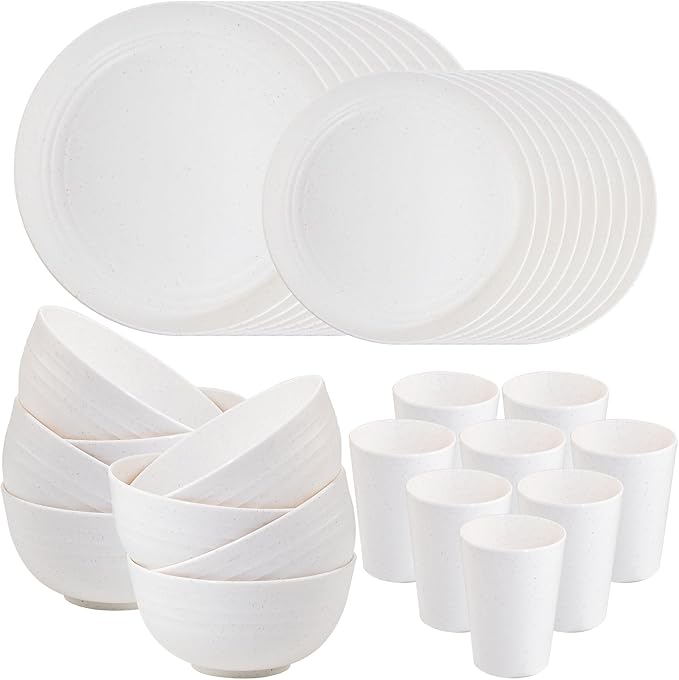 Supernal 32pcs Wheat Straw Dinnerware Sets, White Dishes for 8, Plates and Bowls Sets, Reusable Plastic Plates, Microwave Dishwasher Safe, White Plastic Dinnerware Set