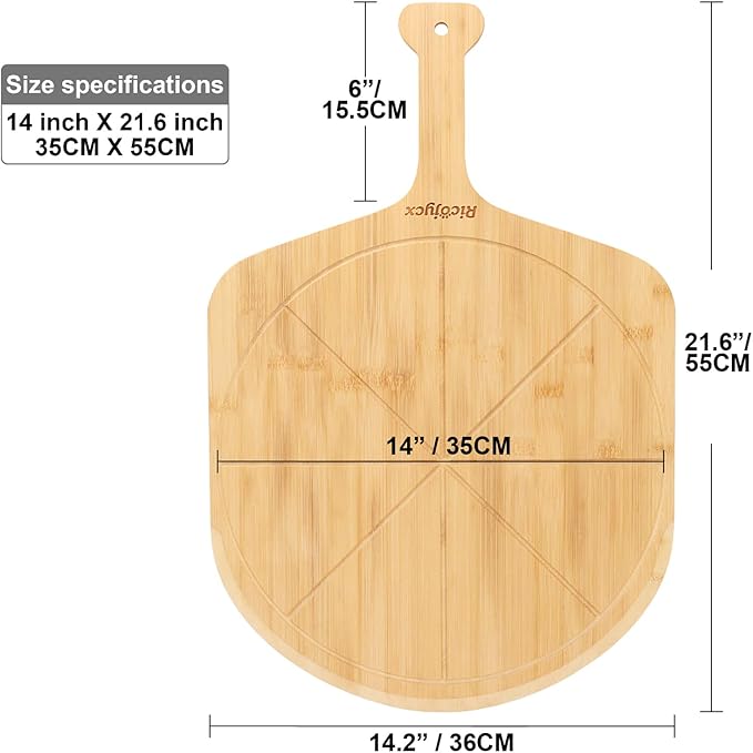 14 inch Natural Bamboo Pizza Peel Set of 2, Double-Sided Use Pizza Cutting Board with 8 Slice Grooves for Pizza, Bread, Cheese, Vegetable, Fruits