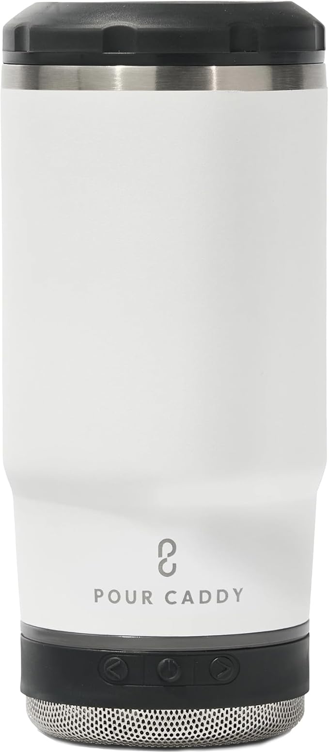 Chill & Brew, Insulated Can & Bottle Holder, Bluetooth Cup with Speaker, Fits 12 oz Cans, Skinny Cans, Most Bottles & Cold Drinks, White