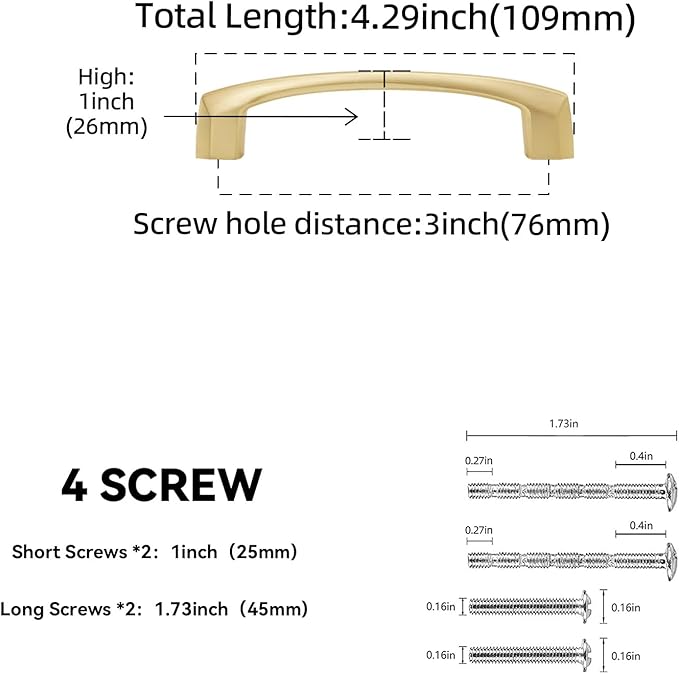 10 Pack 3 Inch(76mm) Kitchen Cabinet Handles Brushed Brass Cabinet Pulls Zinc Alloy Drawer Pulls Solid Kitchen Hardware