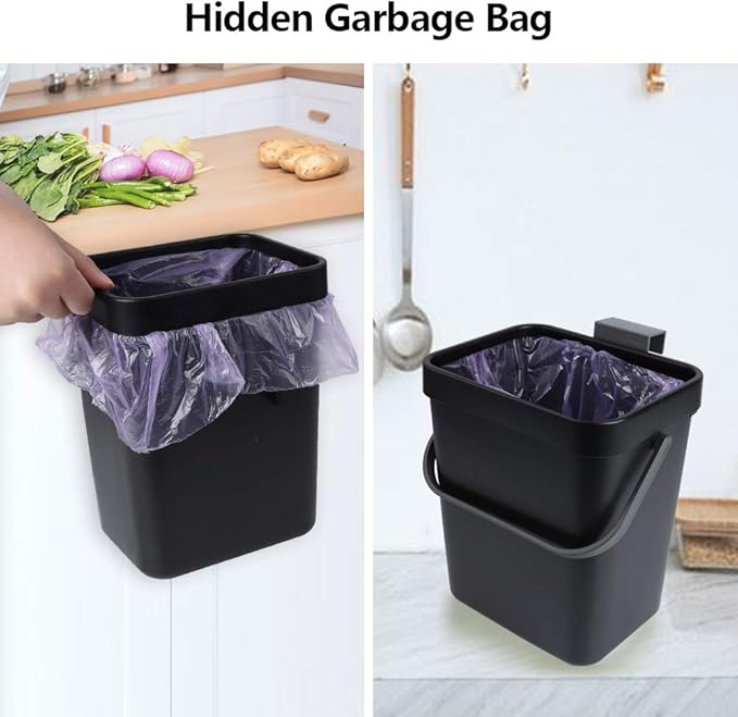 Hanging Small Trash Can with Lid Under Sink for Kitchen, 5 L/ 1.3 Gallons Plastic Waste Basket,Food Waste Bin,Kitchen Compost Bin for Counter Top,Bathroom/Office (Black)