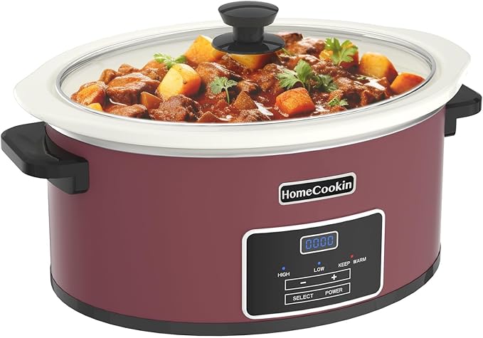 HOMECOOKIN 6-Quart Programmable Slow Cooker with Timer - Small Kitchen Appliance for Family Dinners - Serves 6+ People - Heat Settings: Keep Warm(Red Shell + White Ceramic Liner)