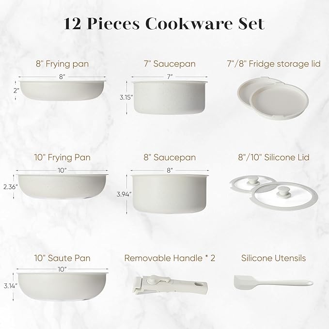 Sweetcrispy 12 pcs Pots and Pans Set, Nonstick Kitchen Induction Cookware Suit with Detachable Handle, Dishwasher Oven Safe, Milky White