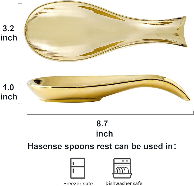 Hasense Ceramic Spoon Rest Set of 2 for Stove Top, Porcelain Spoon Holder for Kitchen Counter Cooking Utensil Home Decor, Kitchen Spatula Holders for Spoons, Ladles and Tongs, Gold and Silver