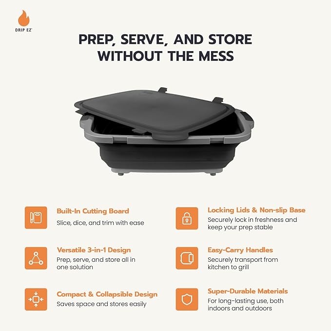 Drip EZ Collapsible BBQ Prep Tub- for Meal Prep Marinating Food Storage - Includes Cutting Board & Locking Lid - (1) OG - Orange
