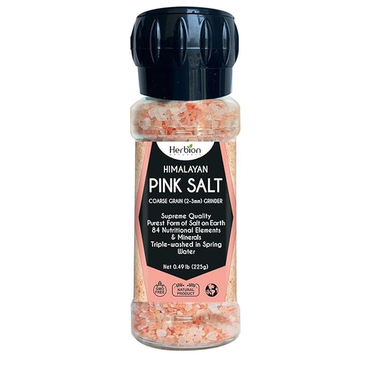 HERBION Naturals Himalayan Pink Salt Grinder Coarse Grain, 100% Pure with 84 Minerals for Seasoning, Refillable, All-Natural Salt, Triple-Washed in Spring Water, Vegan, Kosher Certified Pack of 1