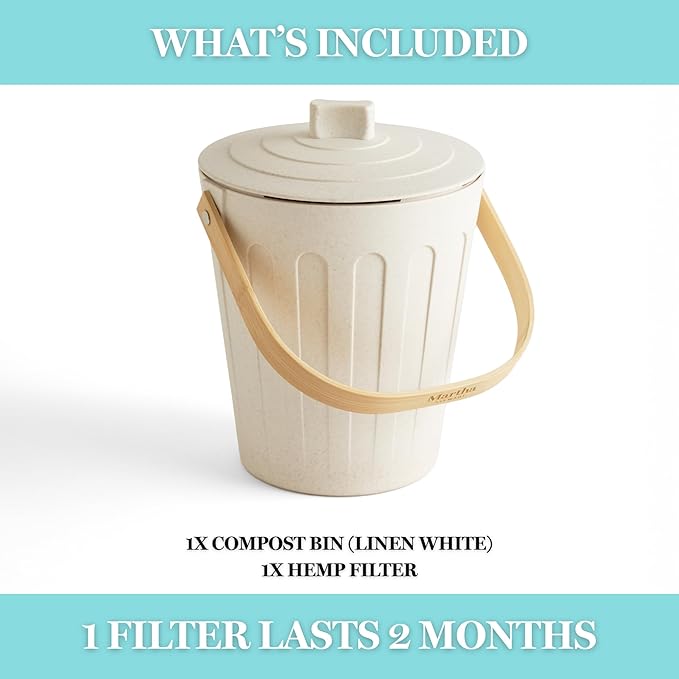 Martha Stewart Indoor Compost Bin | Countertop Composting Bucket for Kitchen | .7 Gallon Capacity | Includes Filter | Plant Based Materials | Linen White