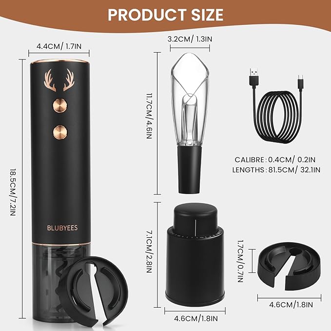 4-in-1 Rechargeable Electric Wine Opener Set - Automatic Corkscrew, Foil Cutter, Aerator Pourer, Vacuum Stopper - Wine Lovers Gifts for Women and Men