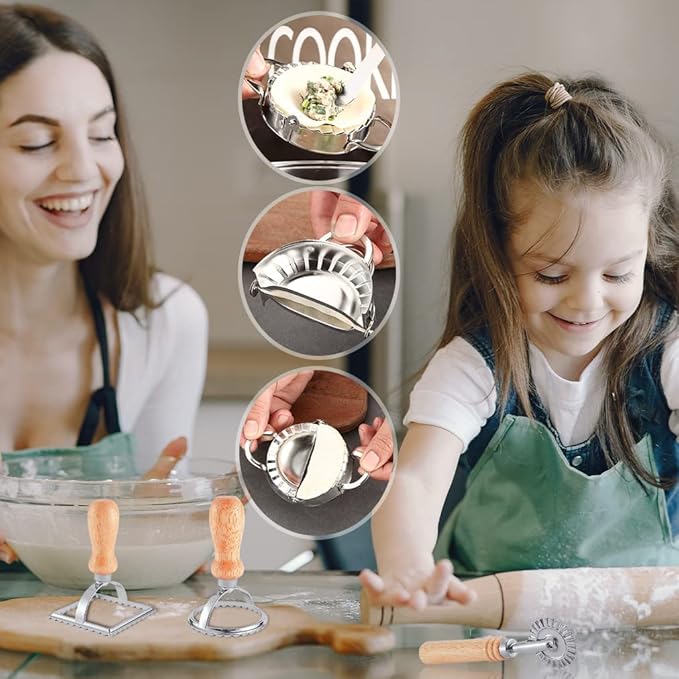 Ravioli Pasta Cutter Wheel Set of 5, Ravioli Makers with Roller Ravioli Stamp Cutter Set with Wooden Handle, Pasta Press Wheel Pasta Maker Tools For Pasta Making Dumplings, Pierogi (Silver)