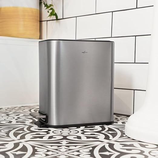 RED FACTOR Slim 1.3 Gallon Stainless Steel Pedal Trash Can with Soft Close Lid for Narrow Spaces – Small Wastebasket Bin with Removable Inner Bucket (Metallic Grey)