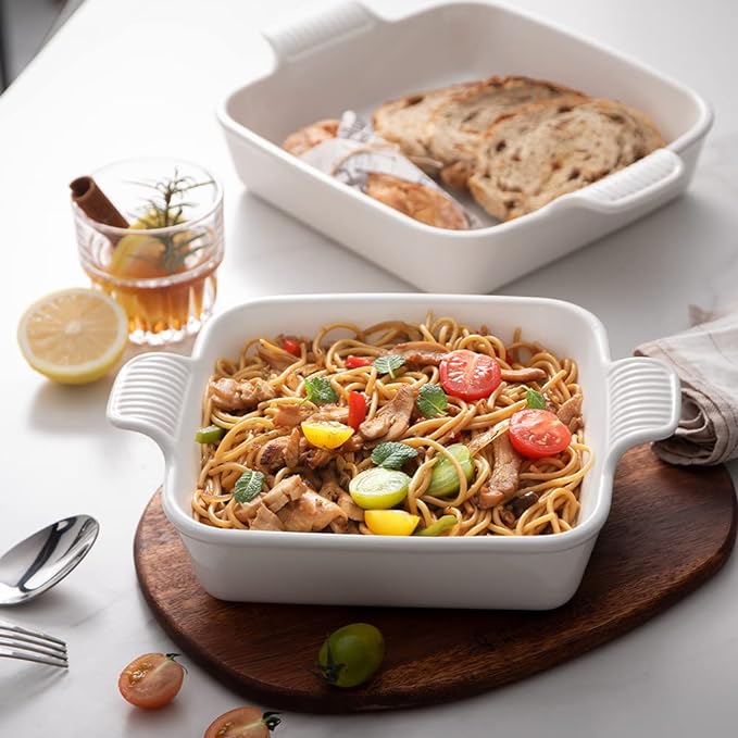 Sweejar Ceramic Baking Dish, 8 x 8 Cake Baking Pan for Brownie, Porcelain Square Bakeware with Double Handle for Casserole, Lasagna, Family Dinner (White)