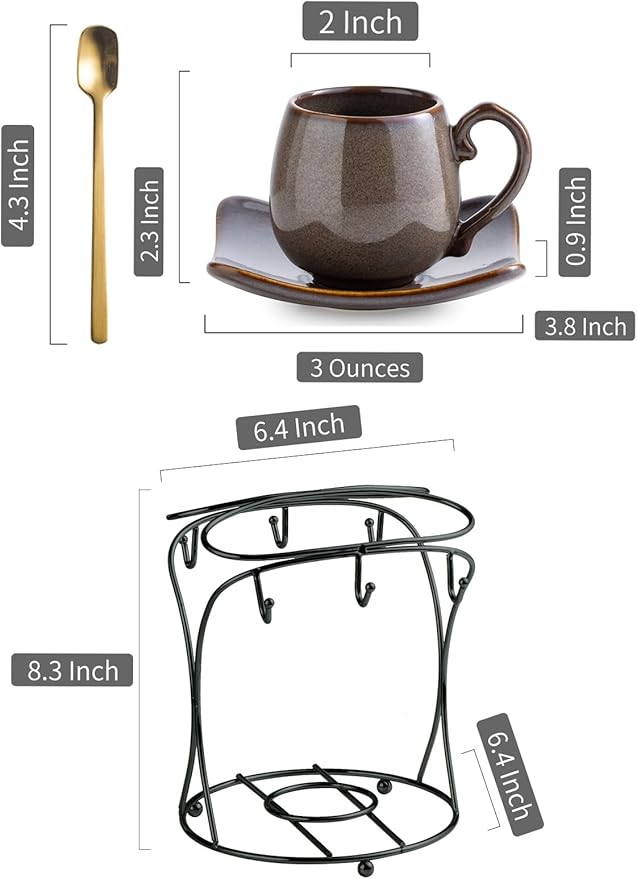 LYEOBOH 3oz Coffee Espresso Cups with Saucers Set of 6, Ceramic Small Coffee Cups with Holder and Spoons, Cute Demitasse Cups for Espresso, Latte, Mocha, Housewarming Gift - Farmhouse, Brown