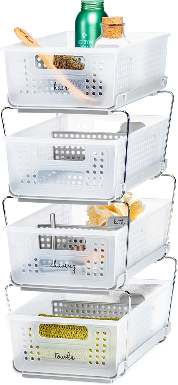 madesmart Stackable 2-Tier Organizer, 2 Pack, Multi-Purpose Slide-Out Storage with Extra Set of Legs, Handles and Dividers for Home and Bath, BPA Free, Frost 2 PACK