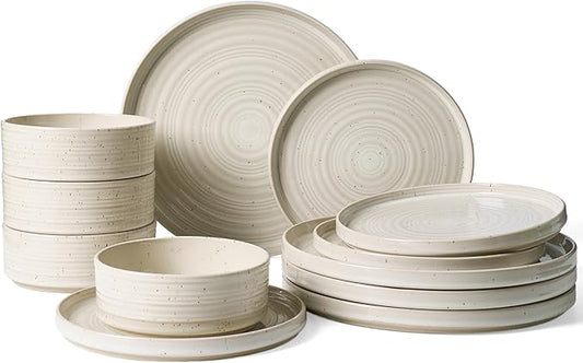 Stoneware Dinnerware Sets, Dish Set for 4, 12 Pieces Spiral Dishware Set with Straight Rim, Speckles & Reactive Glaze - Microwave and Dishwasher Safe Tableware, Shell Beige