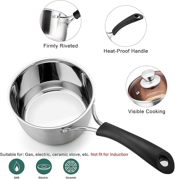 TeamFar Saucepan with Lid, 2 qt Sauce Cooking Pot Milk Pan Stainless Steel, Professional with Long Heatproof Handle for Home Kitchen Restaurant, Healthy & Non Toxic, Multi-use & Dishwasher Safe