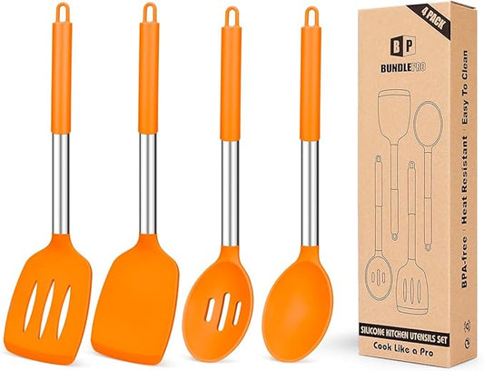 Pack of 4 Silicone Cooking Utensils Set, Non Stick Large Solid Spatulas, Heat Resistant Slotted Spoons, Ideal BPA Free Kitchen Turners for Frying, Mixing,Serving,Draining,Turning,Stirring (ORANGE)