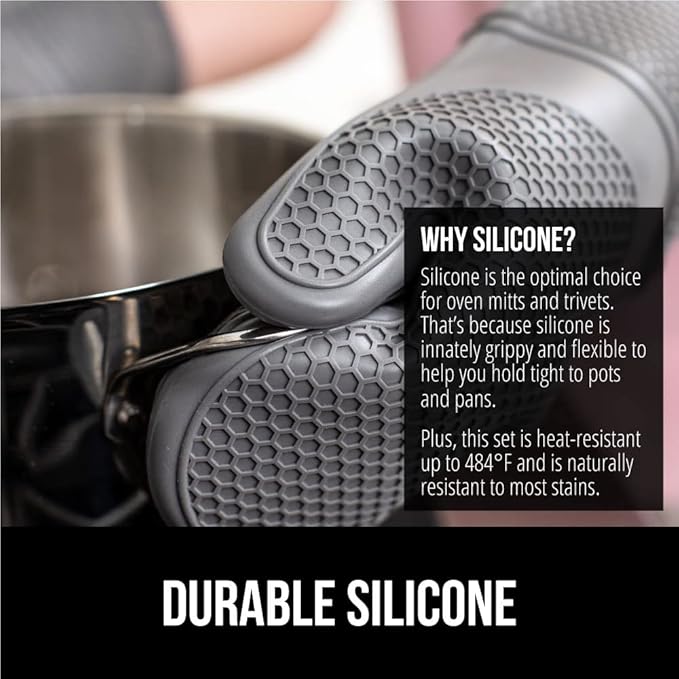 GORILLA GRIP BPA-Free Soft Silicone Oven Mitts and Pot Holders Sets of 4, Heat Resistant Waterproof Cooking Gloves, Thick Cotton Lining, Flexible Gripping for Baking Grilling, Kitchen Trivets, Gray