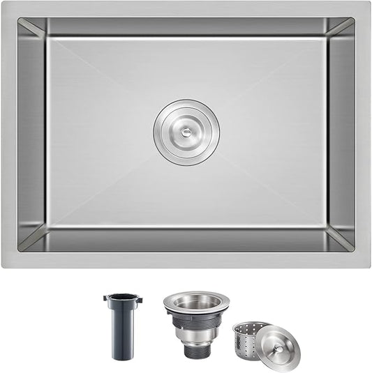ROVATE 20 inch Kitchen Sink Undermount Single Bowl, Bar or Kitchen Sink Handmade, 304 Stainless Steel Kitchen Sinks with Strainer