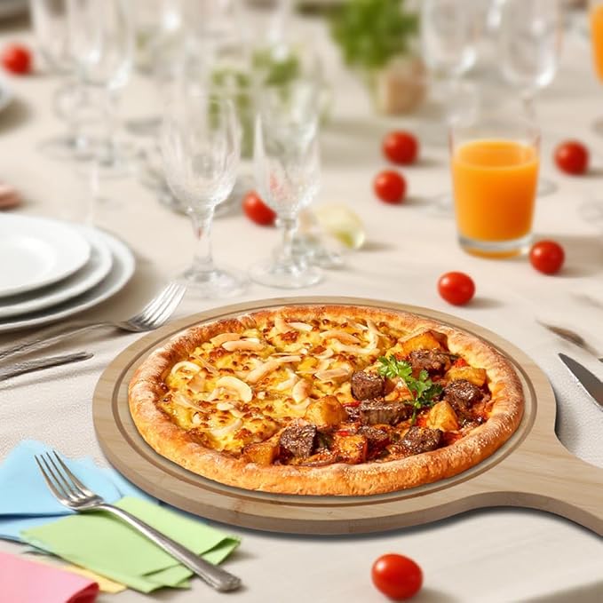 12 Inch Bamboo Pizza Peel, 2 Pack Bamboo Pizza Paddle Spatula, Multi-Purpose Natural Cutting Board with Handle, for Cheese Bread Fruit Vegetables, Round