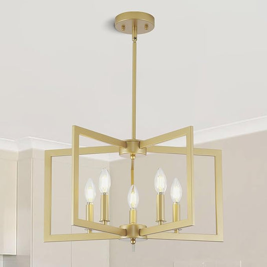 Gold Chandelier, 5-Light Dining Room Light Fixture Modern Metal Chandelier Pendant Lighting for Farmhouse Kitchen Living Room Entryway (Gold, E12 Bulbs Not Included)