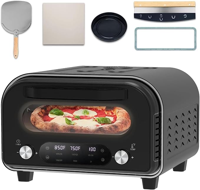 Electric Pizza Oven Indoor 1700W Countertop Pizza Maker Fast Heating up to 850°F Touchscreen 6 Preset Modes Adjustable Timer & Temp Knobs Used for Commercial & Home Kitchen in Black