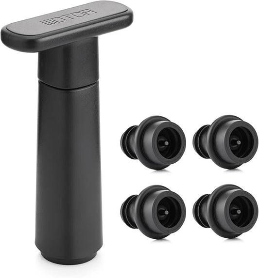 Wine Saver Vacuum Pump with 4 Stoppers, Wine Stopper & Preserver, Reusable Bottle Sealer Keeps Fresh, Ideal Accessories Gift (Flat Handle)