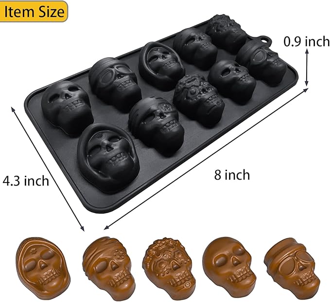 JETKONG 10 Cavity Skull Chocolate Molds Silicone Skull Candy Mold for Jelly Crayon Resin, Pack of 2 (Black)