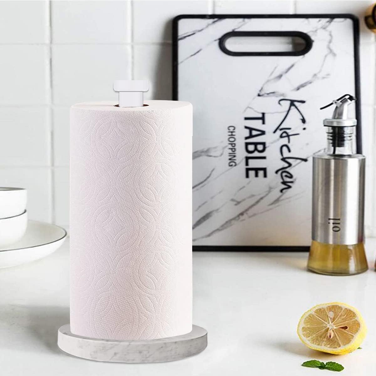 Paper Towel Holder Countertop, Standing Paper Towel Roll Holder for Kitchen Bathroom, with Weighted Marble Base for One-Handed Operation (White), White Marble Paper Towel Holder