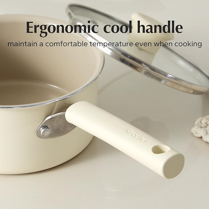 Redchef Ceramic Nonstick Saucepan with Lid, 3QT Small Cooking Pot, Non Toxic Sauce Pans for Kitchen, Cool Handle PFAS Free Compatible with All Cooktops, White