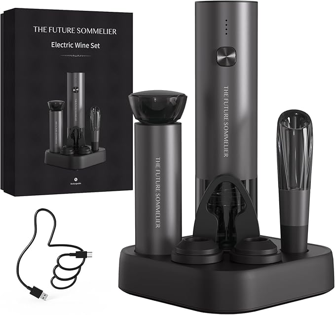 CIRCLE JOY Rechargeable Electric Wine Opener Set 7-in-1 Aluminum Alloy Wine Gift Set with Electric Corkscrew, Foil Cutter, Wine Pourer, Storage Base, Vacuum Pump and 2 Wine Stoppers