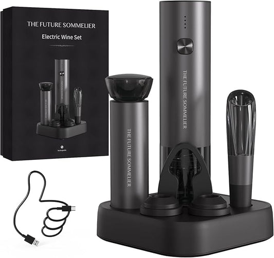 CIRCLE JOY Rechargeable Electric Wine Opener Set 7-in-1 Aluminum Alloy Wine Gift Set with Electric Corkscrew, Foil Cutter, Wine Pourer, Storage Base, Vacuum Pump and 2 Wine Stoppers