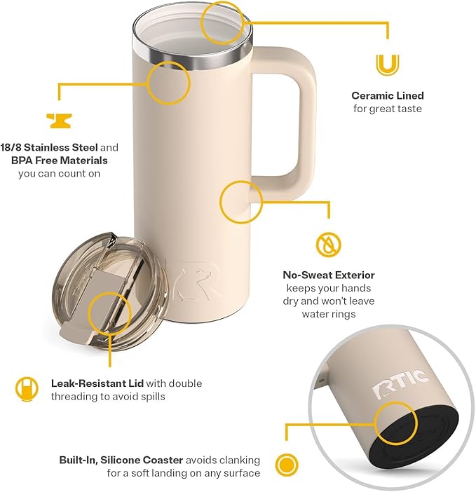 RTIC 20oz Road Trip Travel Mug with Lid and Handle, Ceramic Lined, Insulated, Stainless Steel, Metal, Double Wall Vacuum-Insulation, Portable Coffee, Tea Cup for Hot and Cold Drink, Beach