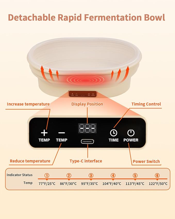 4L Heating Bread Proofing Basket Set Foldable Thermostatic Silicone Bowl with 77-122℉ 6 Gears Temperature & 6H Timer, for Artisan Baking Sourdough Starter Bread Making Supplies Tools Kit