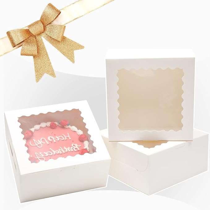 Bakepacker 36pcs 6x6x5 Inches with Window 18-Packs White 6 Inch Bakery Boxes (18 Cake Boxes +18 Cake Boards + 10 Meters Silk Ribbon Includes Included)