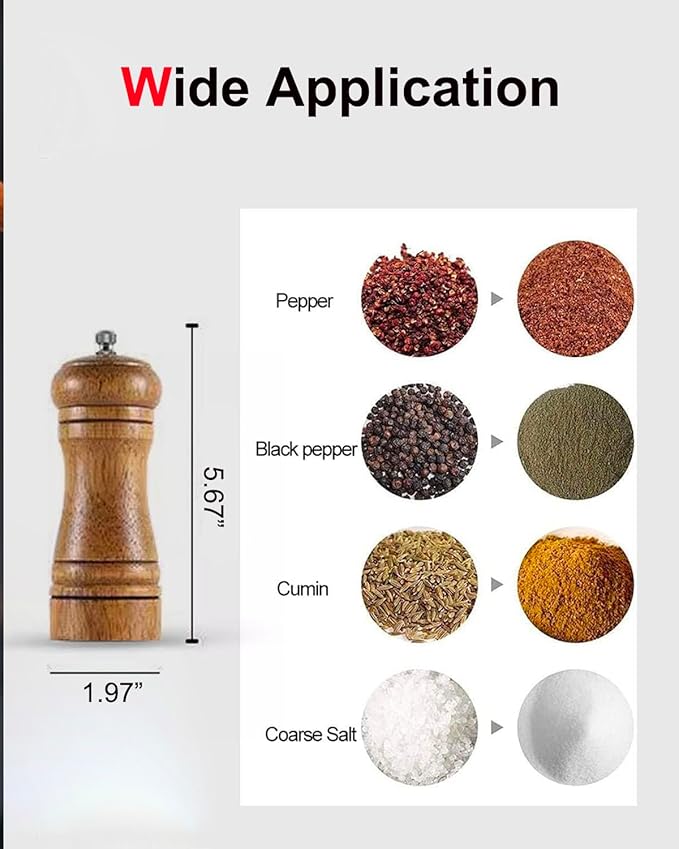 Pepper Grinder Salt Grinder Wooden Pepper Mill Grinder w/Adjustable Coarse, 5 inch Tall Wood Refillable Manual Pepper Grinder Mill Peppermill for Black Peppercorn, Easy Clean