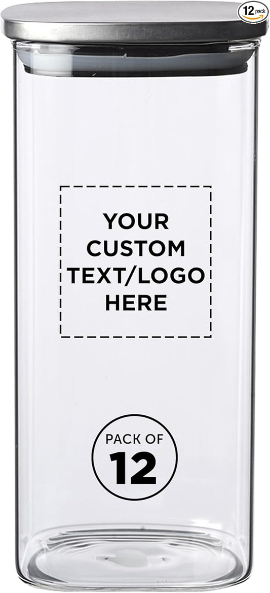 DISCOUNT PROMOS Custom Branson 53 oz. Square Storage Jars Set of 12, Personalized Bulk Pack - Durable Kitchen Organization, Home Decor Essentials, Food Storage Solutions - Clear