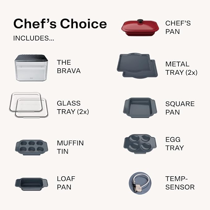 Brava Oven Chef's Choice Set: 10-in-1 Touchscreen Countertop Smart Oven, Air Fryer, 6-Slice Toaster, Slow Cooker, Reheater, Dehydrator, Rice Cooker, Healthy & User Friendly, Auto-Shut Off, 1800W