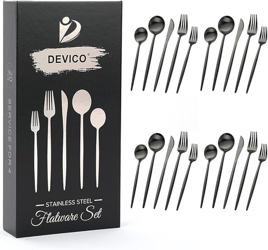 Devico Matte Silverware Set, 20-Piece 18/10 Stainless Steel Flatware Cutlery Utensils Tableware Set Service for 4, Great Gift for Friends/Family, Dishwasher Safe (4 sets, Black-A)