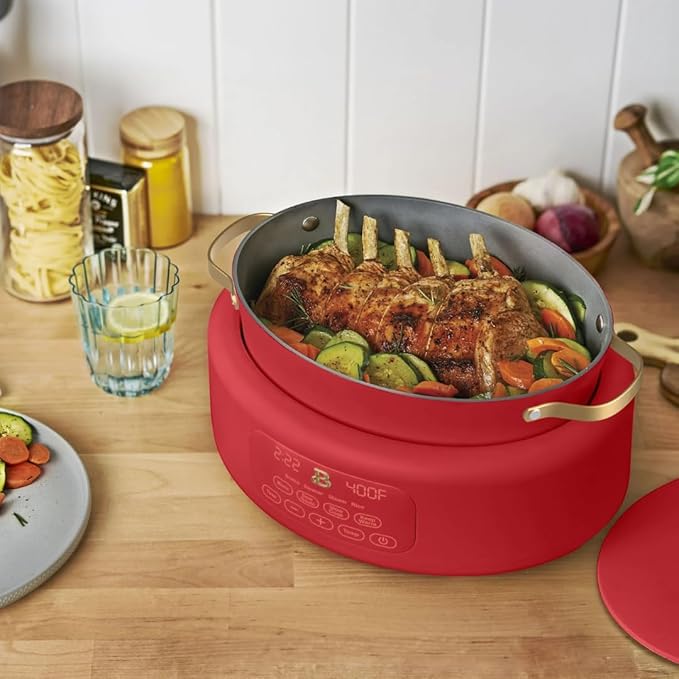 Beautiful 10-in-1 6Qt Electric Multi-Cooker with 7 Presets, Oven-Safe Pot & Lid, Sauté, Steam, Slow Cook, Slow Cooker, Simmer, Rice & More – Touch Display, Dishwasher Safe, Serves Up to 7 (Tomato Red)