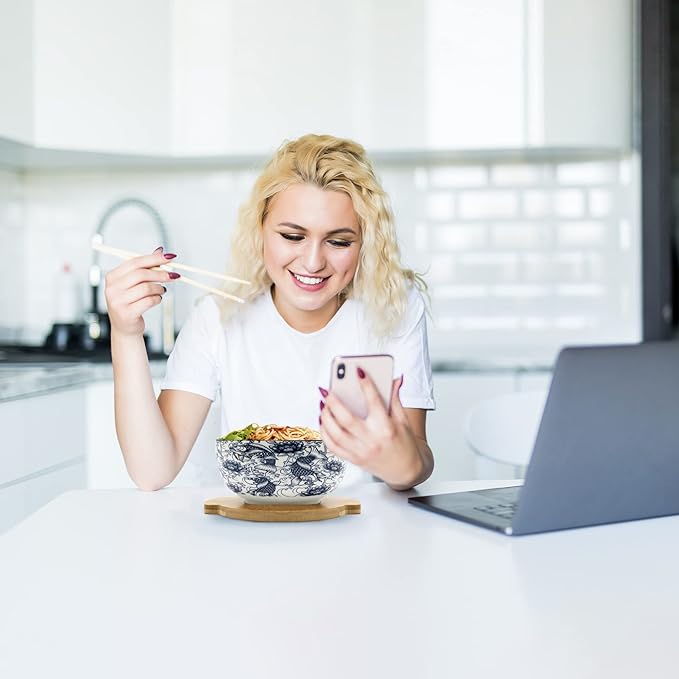 XWORLD Japanese Ceramic Ramen Noodle Bowls Set with Ceramic Spoon, Bamboo Chopsticks, Lid & Trivet, Serving Capacity of 33.8 OZ, Microwavable Oven Safety (3.3” x 6.6” D) (Blue Fish)