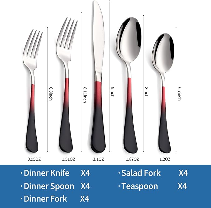 20-Piece Black Red Silverware Set, 18/0 Stainless Steel Colorful Handle Flatware Set,Service for 4,Modern Cutlery Set Includes Dinner Knives Forks Spoons,Mirror Polished,Dishwasher Safe